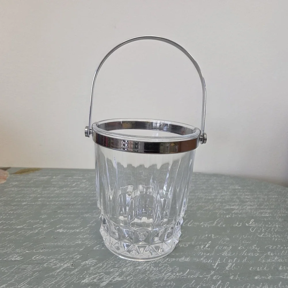 Vintage French Crystal D'Arques Glass Ice Bucket Clear Chrome Handle 5